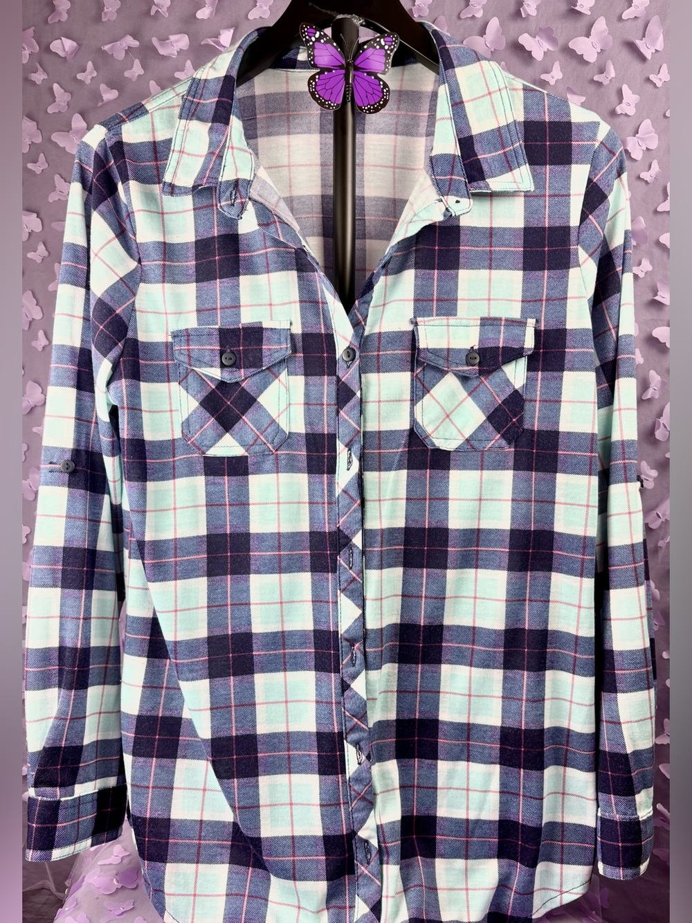 Women’s Navy and Light Blue Plaid Button-Up Shirt